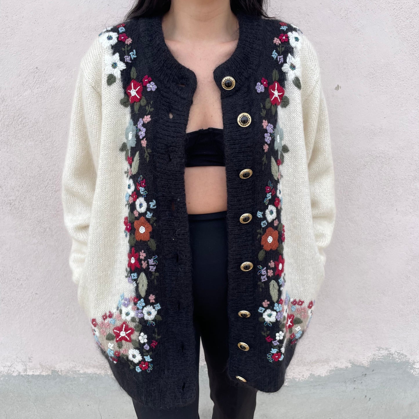 Cardigan panna e nero fiori