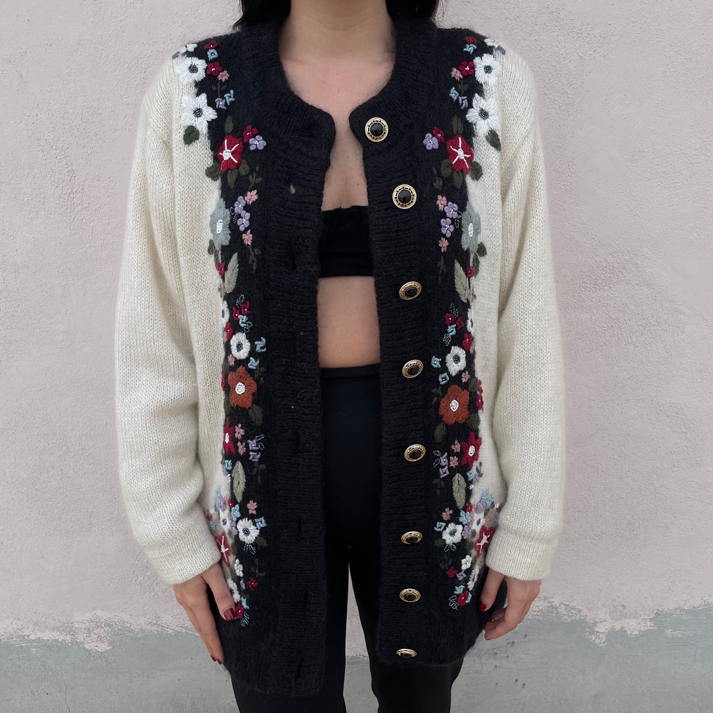 Cardigan panna e nero fiori